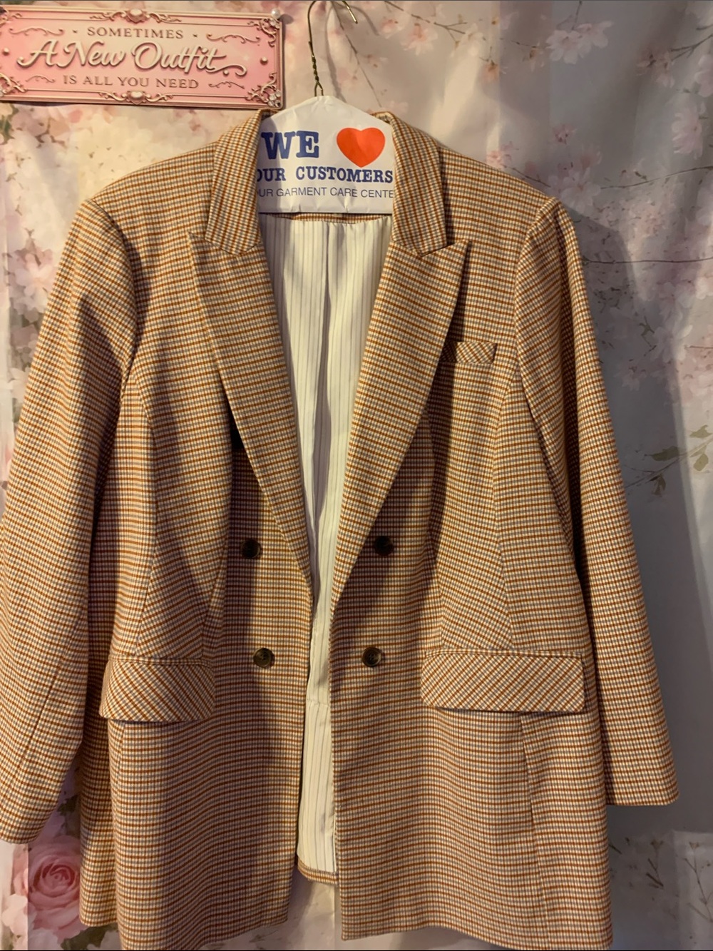 1. State Double-Breasted Checked Blazer Jacket in Rust and Tan